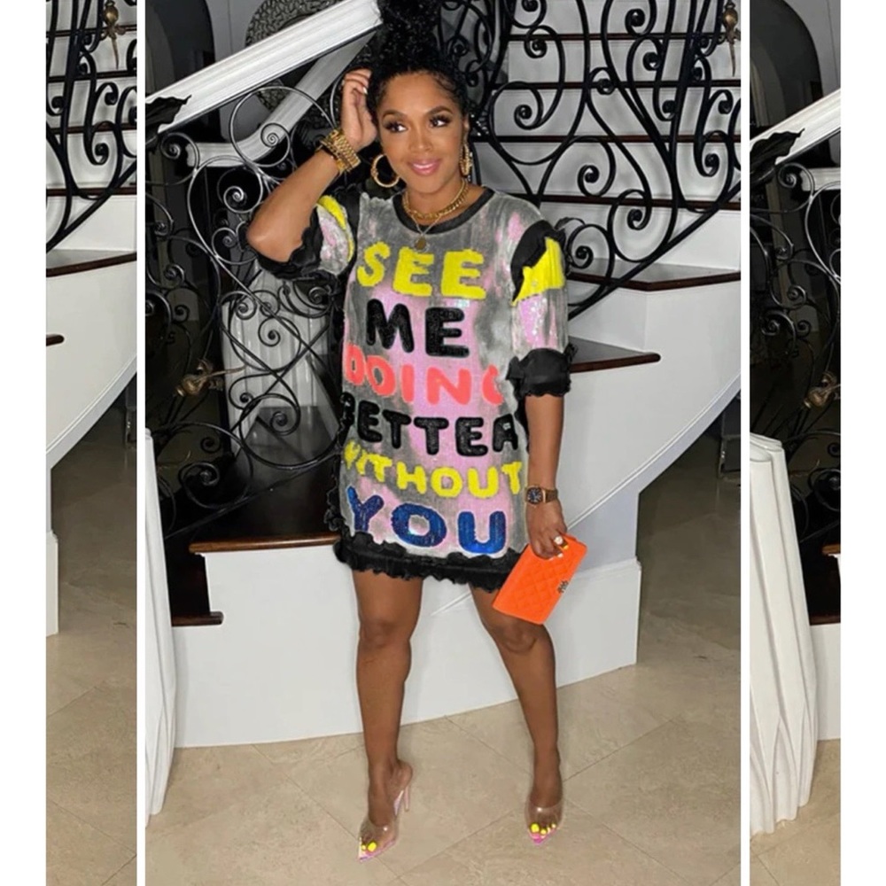 Sequined Letter Print Crew Neck Casual Mini Dresses in black in XL.